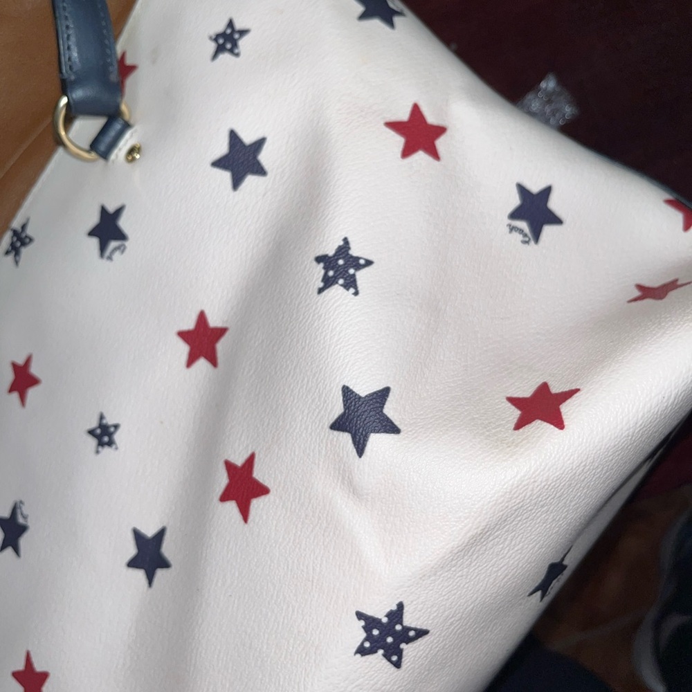 Coach Cream Leather Tote with Red and Navy Star Print - Picture 9 of 11
